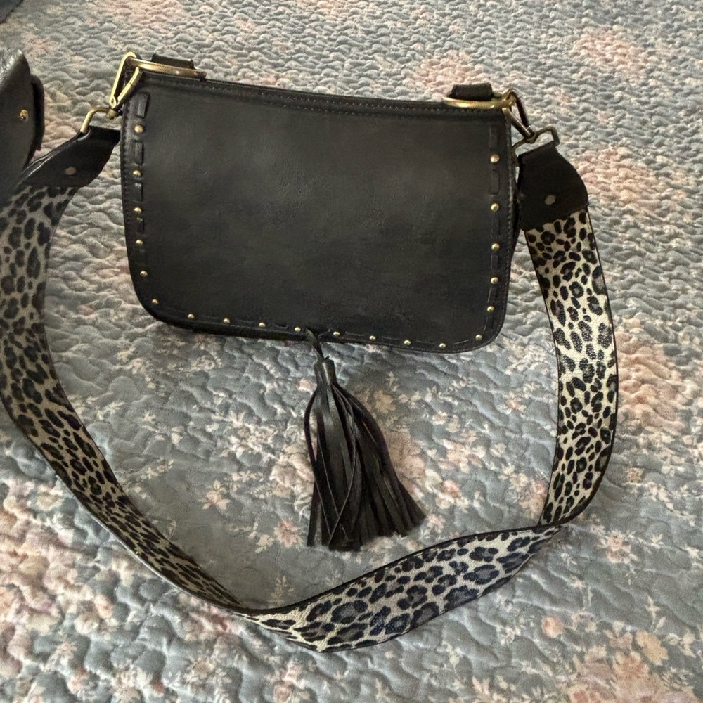 Black Crossbody Bag with Leopard Strap